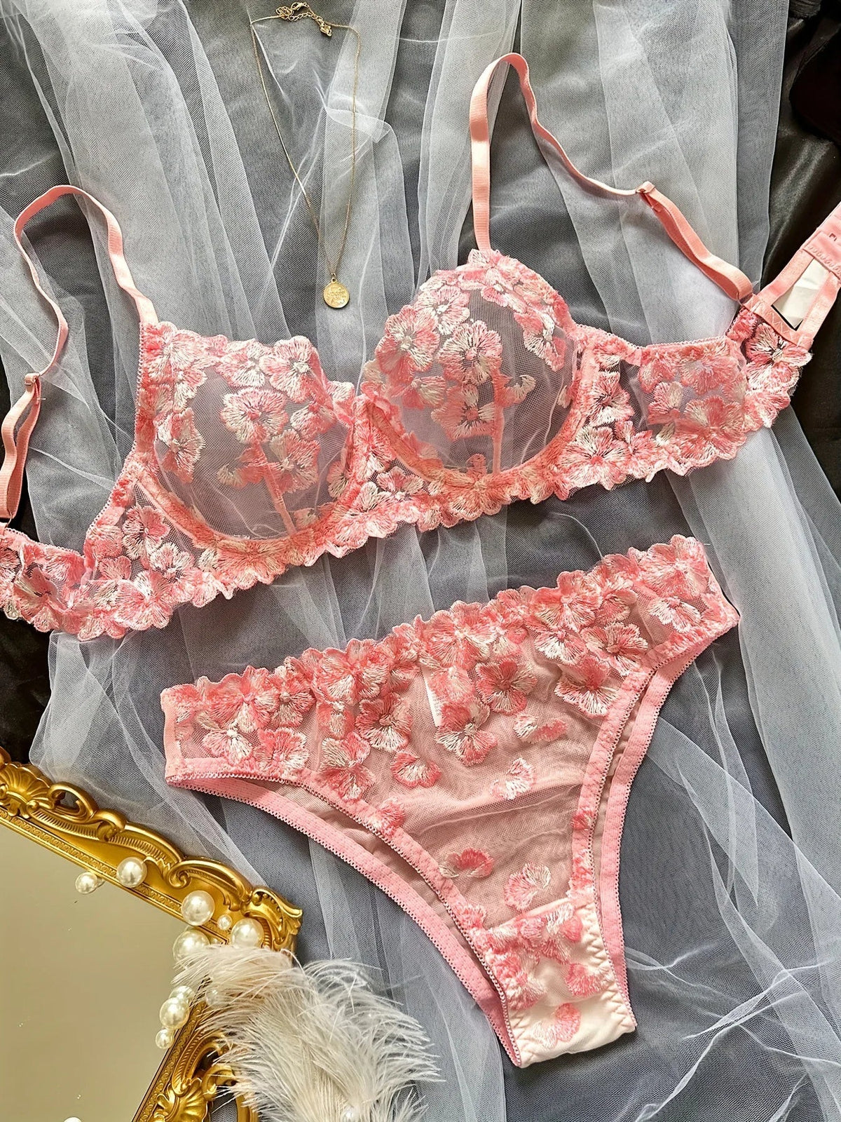 Autumn Sale French Flower Embroidery See Through Bra Panty Multicolors Gorgeous Exquisite Lingerie Set