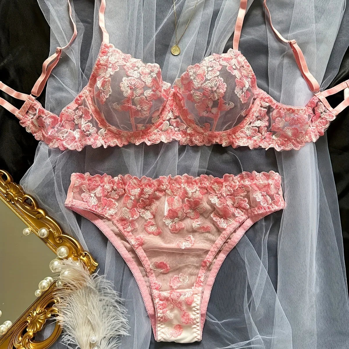 Autumn Sale French Flower Embroidery See Through Bra Panty Multicolors Gorgeous Exquisite Lingerie Set