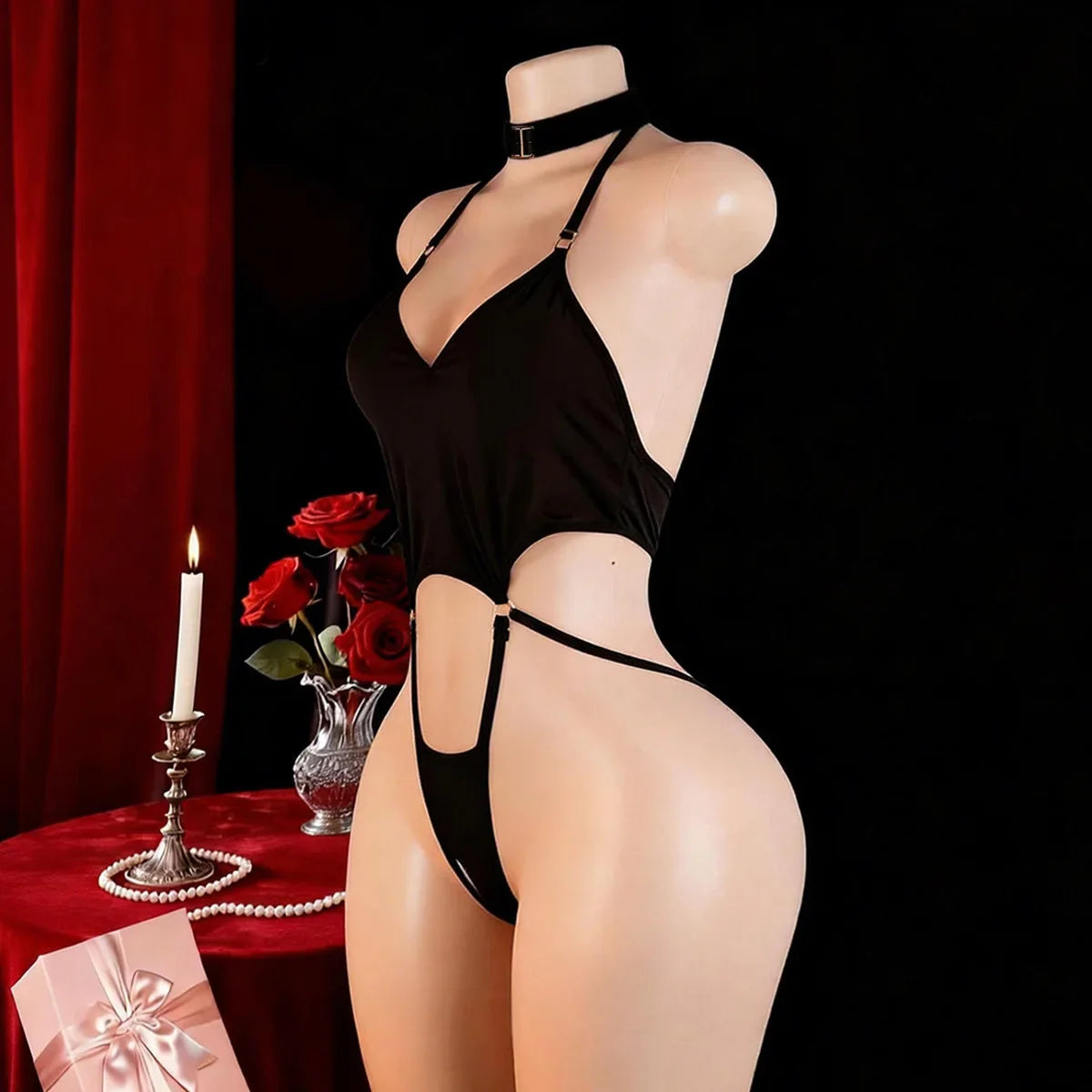Backless Lace Up Halter Crotchless