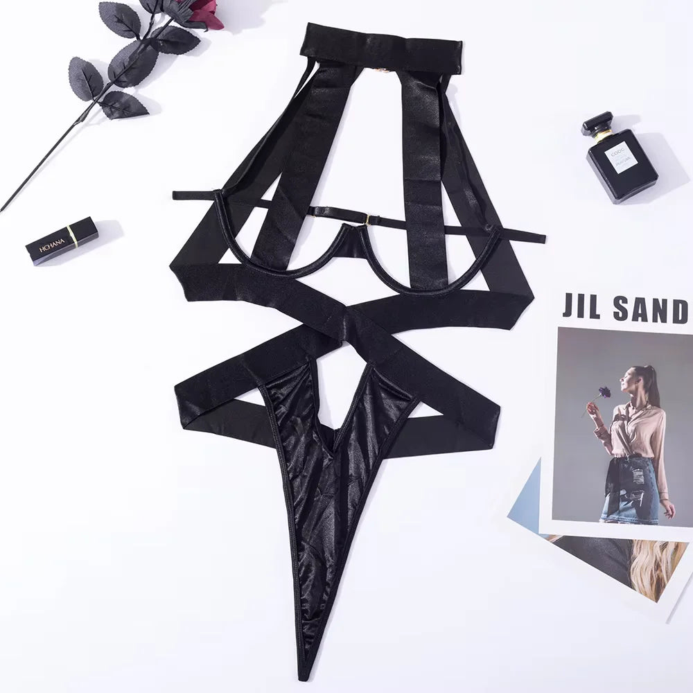 Bandage Lingerie Halter Hollow Out Exotic Black Porn Sissy Sensual Body Underwear