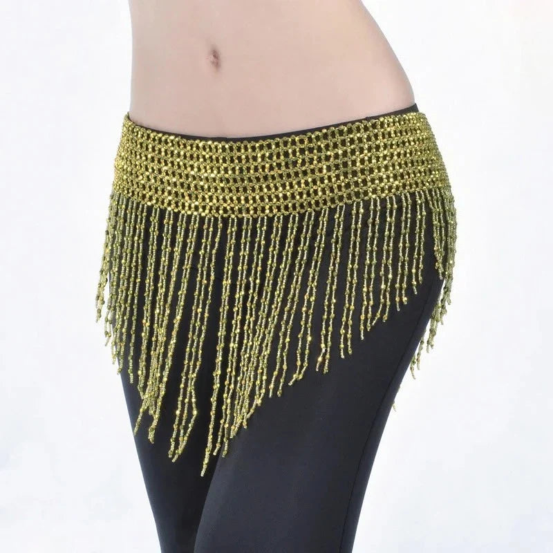 BellyDance Waistband Hip Scarf 3 Color Hand-Beaded Elastic Belly Dance Bling Belt Indian Dress Accessories