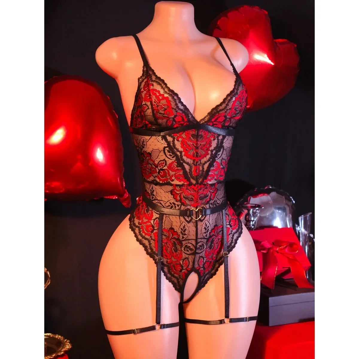 Black Red Color Block Lace With Belt