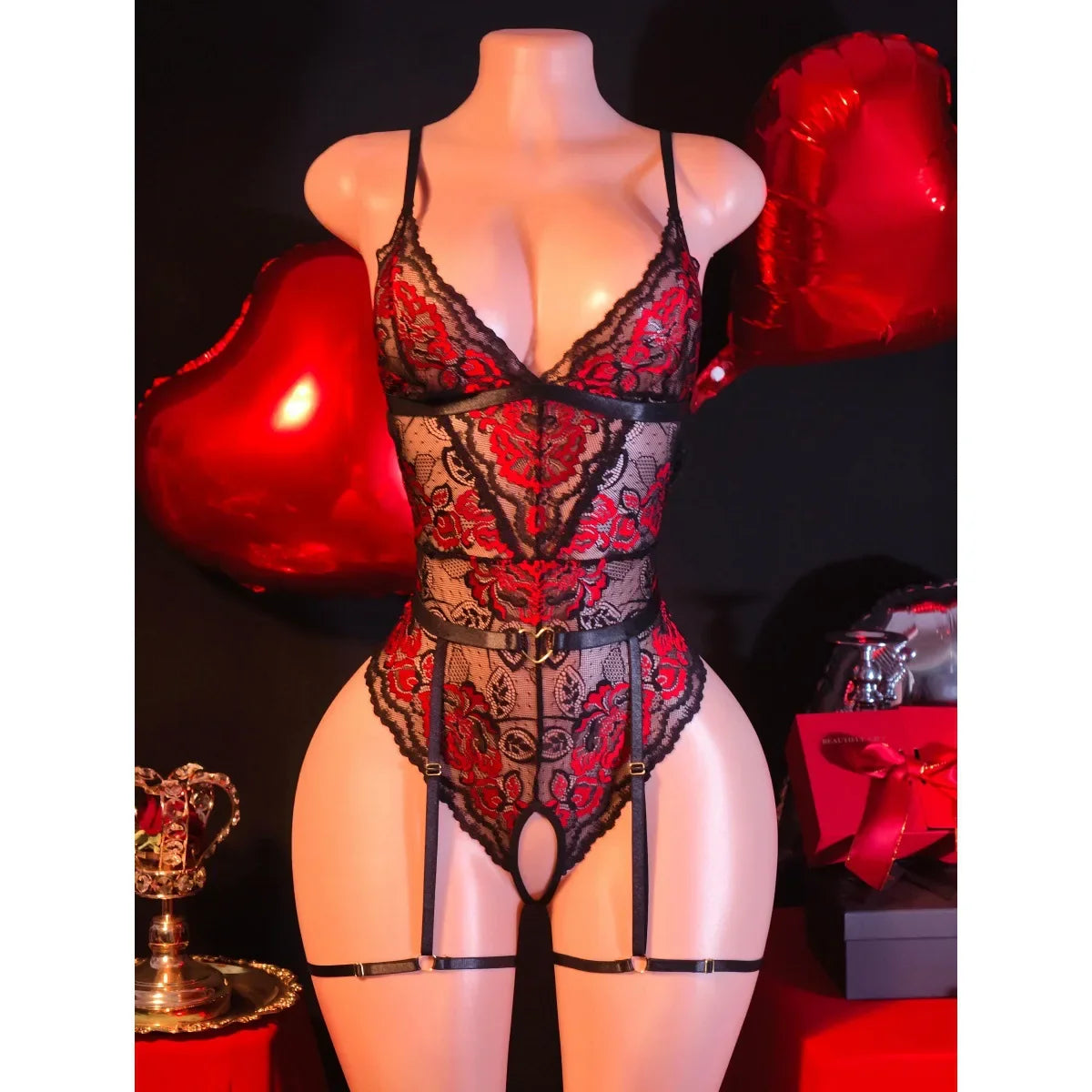 Black Red Color Block Lace With Belt