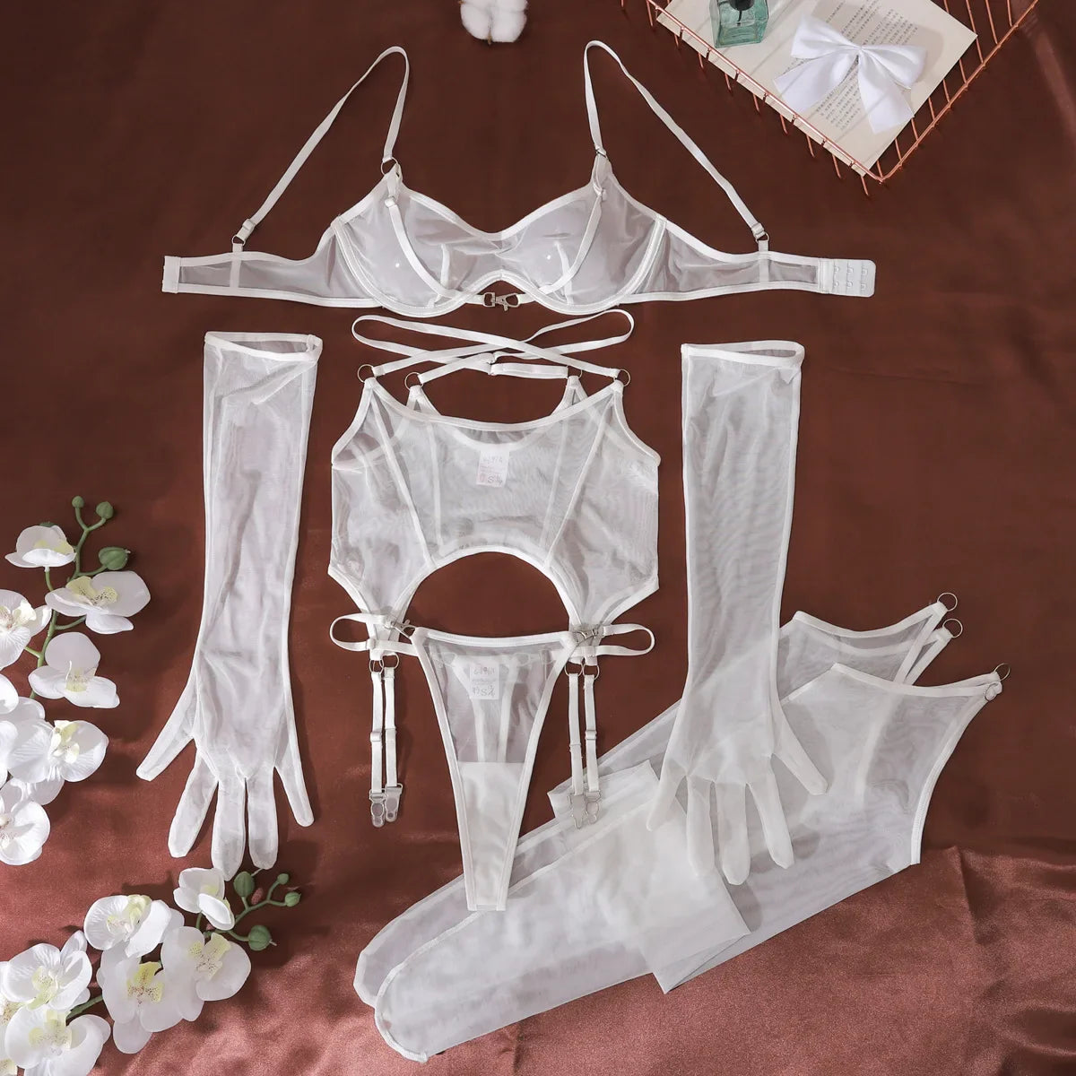 Black Lingerie Sets Seductive See Through Bra Belt Thong 3PC with Gloves Stockings Sissy Underwear Corset Intimates