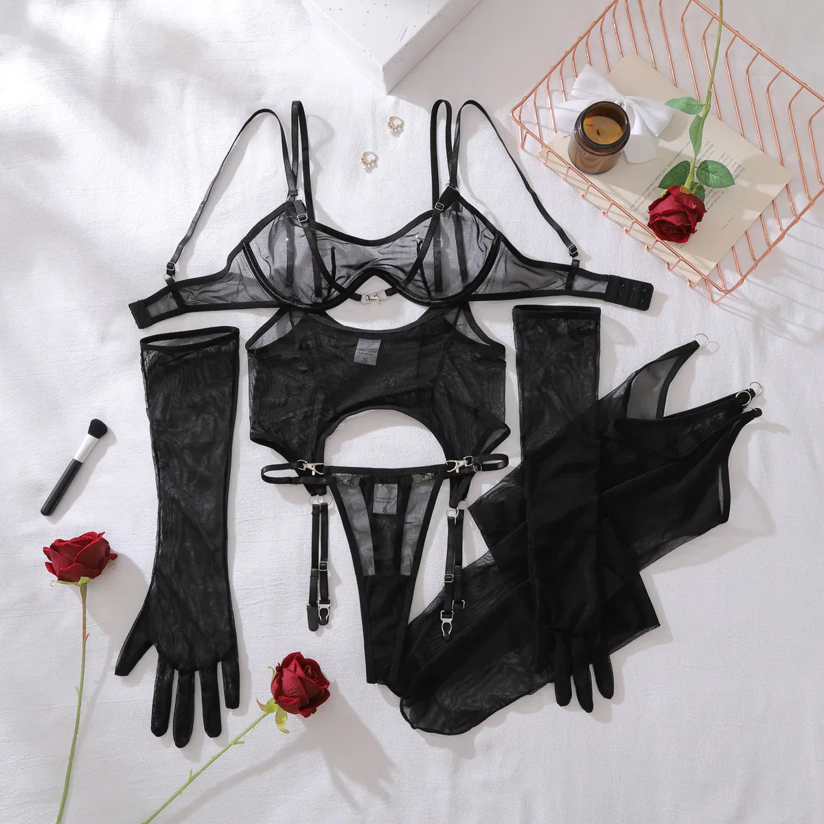 Black Lingerie Sets Seductive See Through Bra Belt Thong 3PC with Gloves Stockings Sissy Underwear Corset Intimates