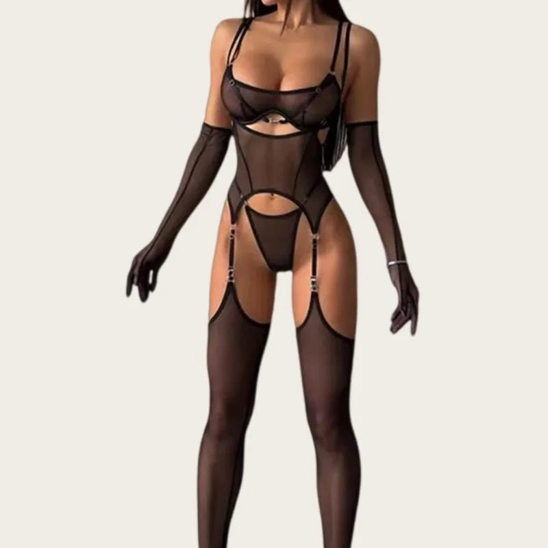 Black Lingerie Sets Seductive See Through Bra Belt Thong 3PC with Gloves Stockings Sissy Underwear Corset Intimates