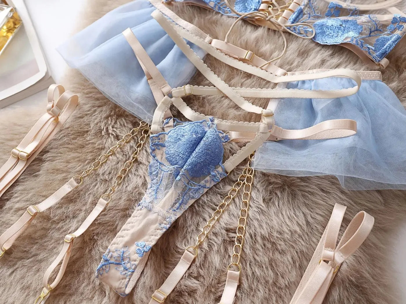 Blue Floral Lingerie Set - Sheer Mesh Bra Belt with Embroidery, Elegant Chain Detail Underwear