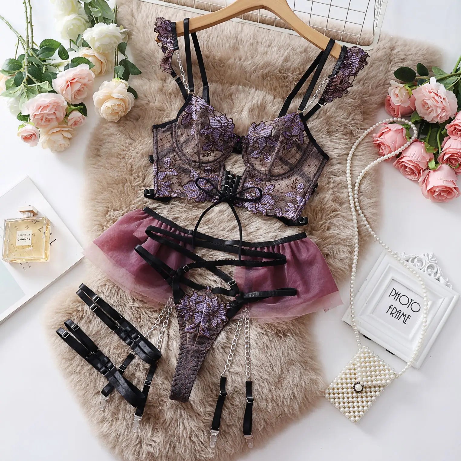 Blue Floral Lingerie Set - Sheer Mesh Bra Belt with Embroidery, Elegant Chain Detail Underwear