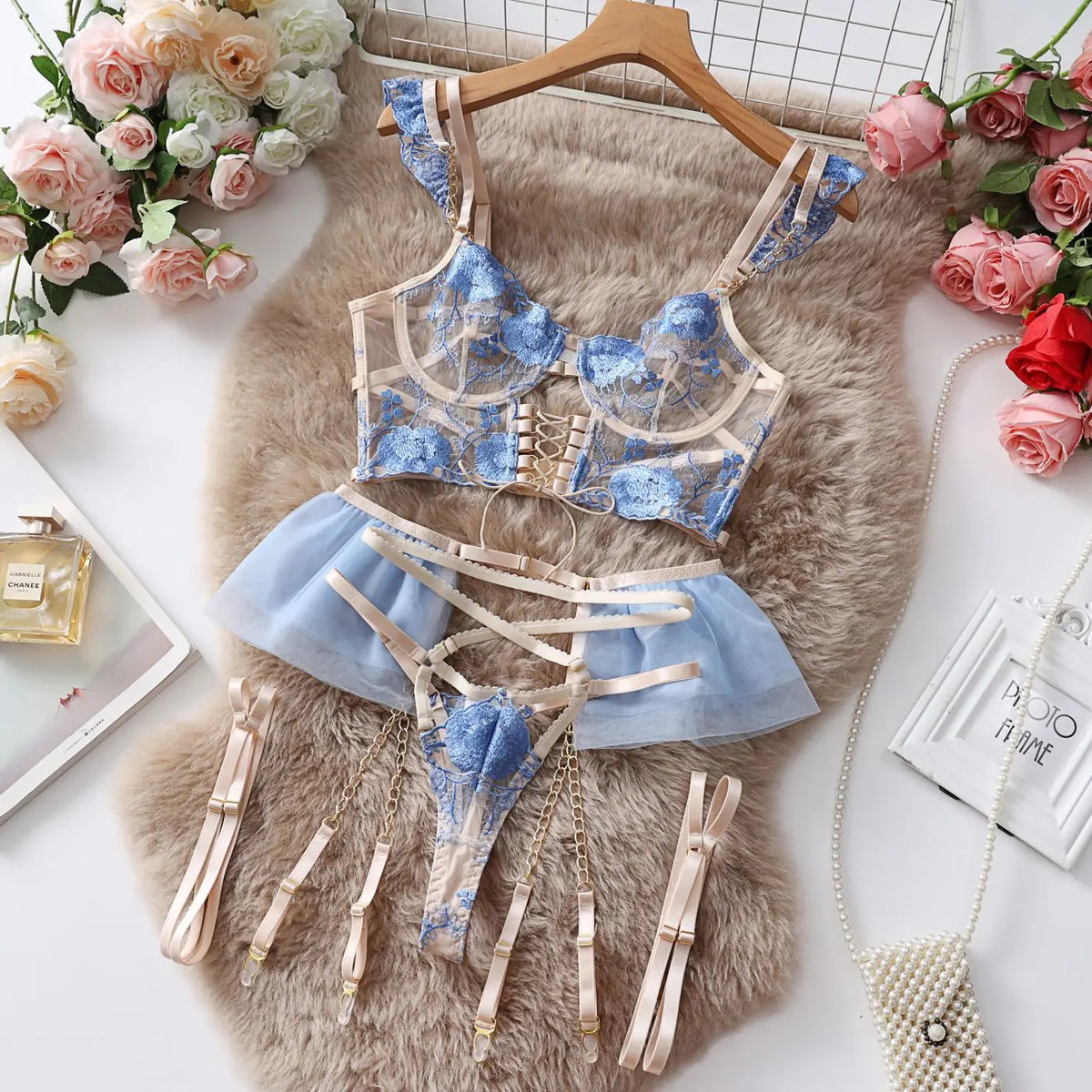 Blue Floral Lingerie Set - Sheer Mesh Bra Belt with Embroidery, Elegant Chain Detail Underwear