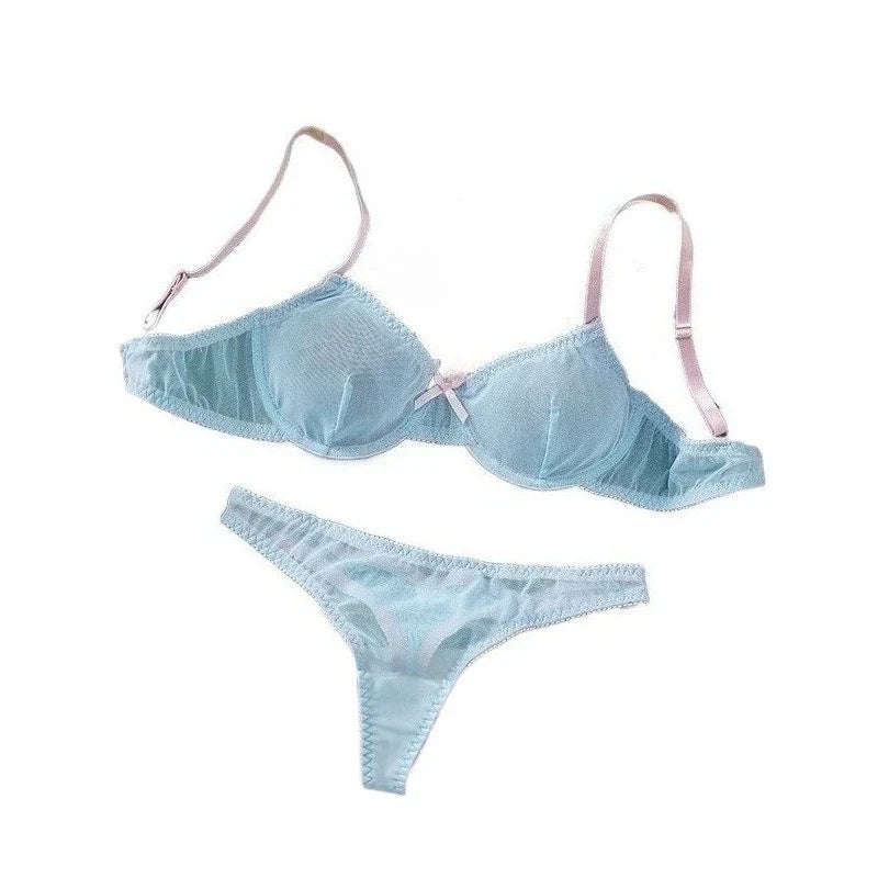 Blue Mesh Patchwork Splicing Thin Strap Strappy Semi Sheer Lightweight Lace Underwear Briefs Lingerie Set