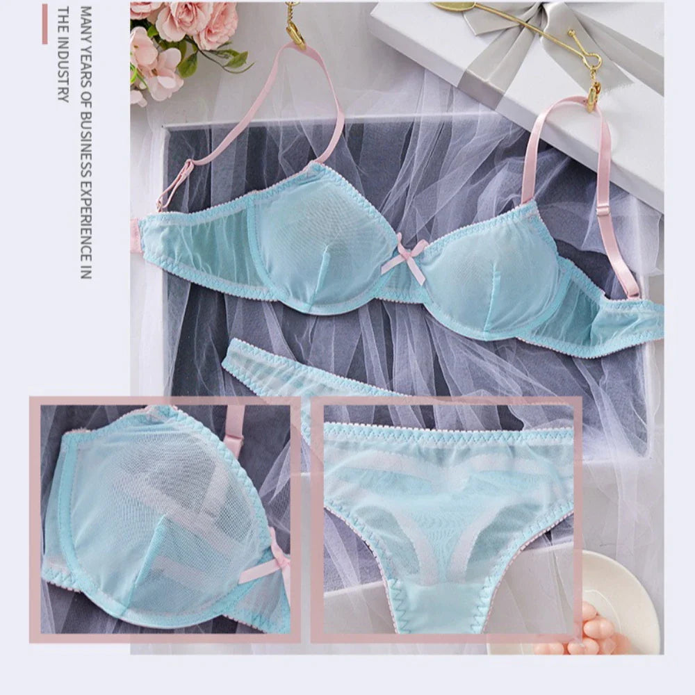 Blue Mesh Patchwork Splicing Thin Strap Strappy Semi Sheer Lightweight Lace Underwear Briefs Lingerie Set