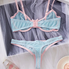 Blue Mesh Patchwork Splicing Thin Strap Strappy Semi Sheer Lightweight Lace Underwear Briefs Lingerie Set