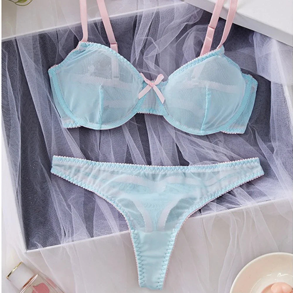 Blue Mesh Patchwork Splicing Thin Strap Strappy Semi Sheer Lightweight Lace Underwear Briefs Lingerie Set