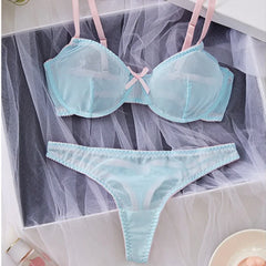 Blue Mesh Patchwork Splicing Thin Strap Strappy Semi Sheer Lightweight Lace Underwear Briefs Lingerie Set