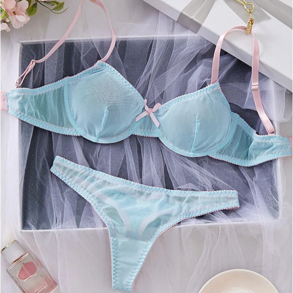 Blue Mesh Patchwork Splicing Thin Strap Strappy Semi Sheer Lightweight Lace Underwear Briefs Lingerie Set