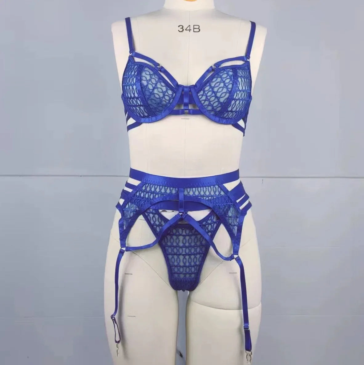 Blue Mesh See Through Bra Panty Sweet Soft Breathable Charming Attractive Alluring Lovely Lingerie Set