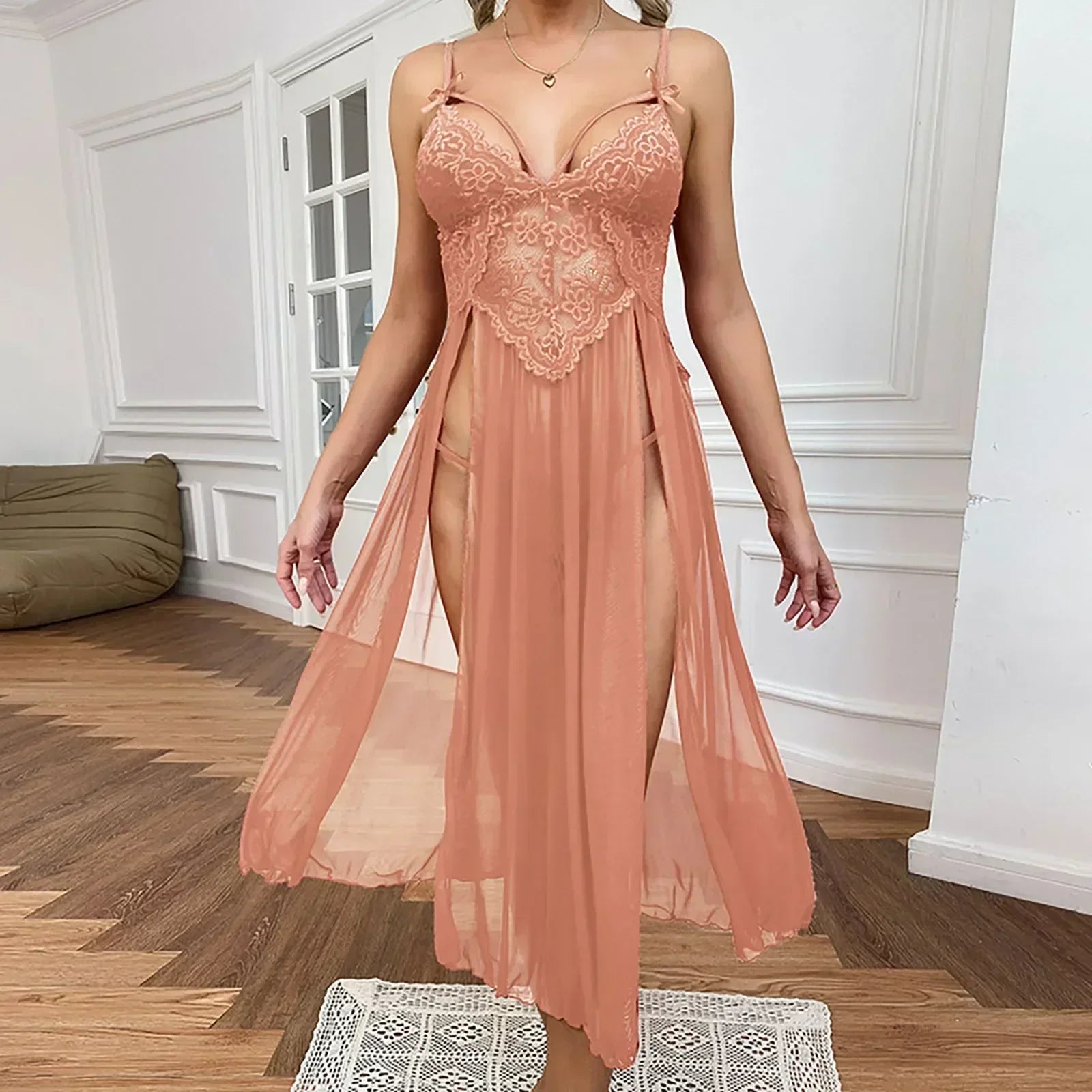 Blue Plus Size Mesh Deep V Lace Nightgown Side Slit Maxi Lingerie Set Lingerie Dress Set