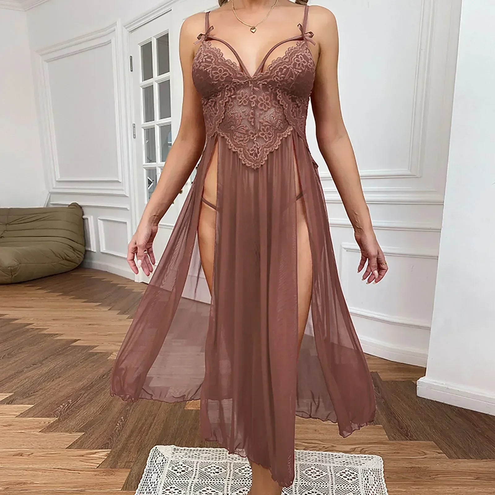 Blue Plus Size Mesh Deep V Lace Nightgown Side Slit Maxi Lingerie Set Lingerie Dress Set