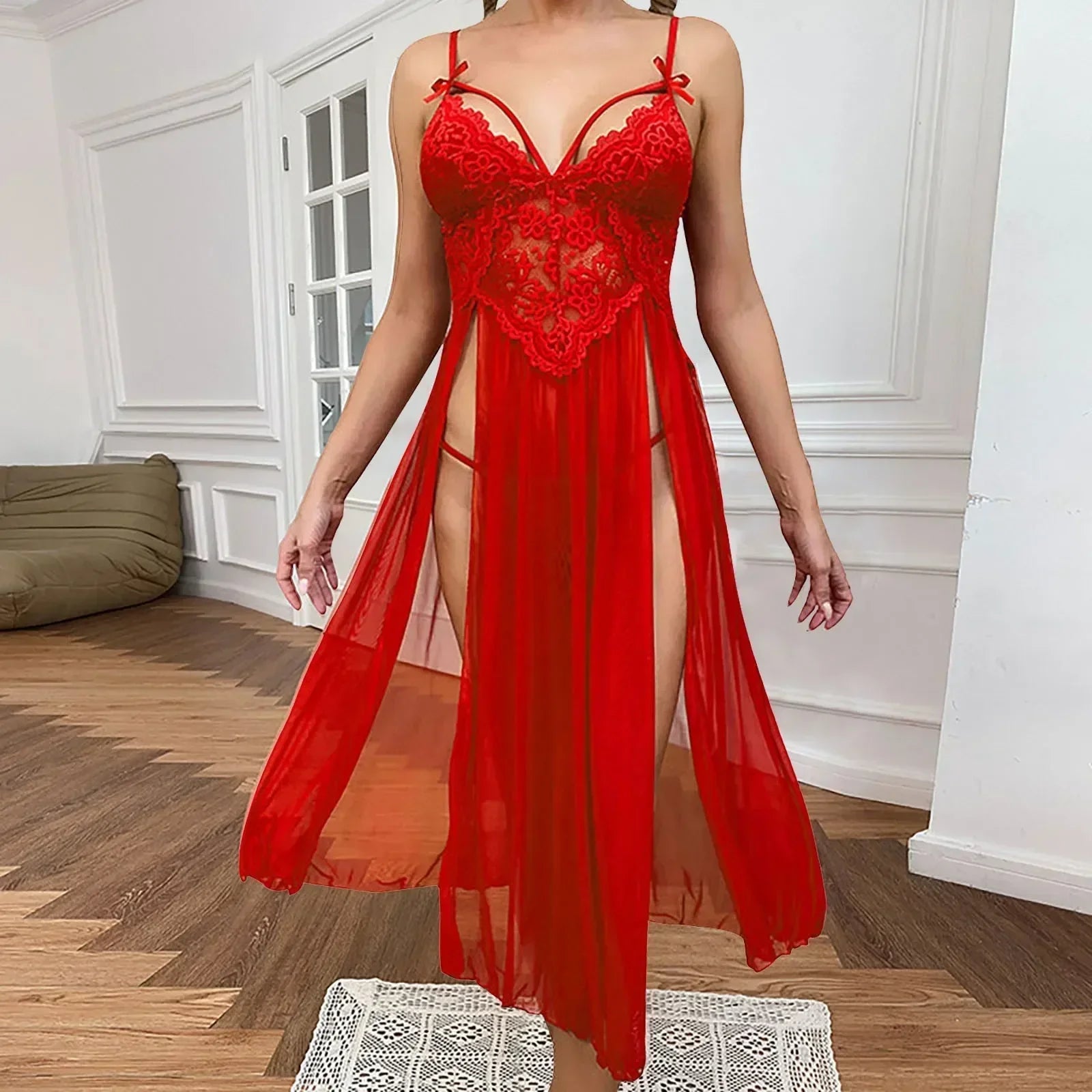 Blue Plus Size Mesh Deep V Lace Nightgown Side Slit Maxi Lingerie Set Lingerie Dress Set