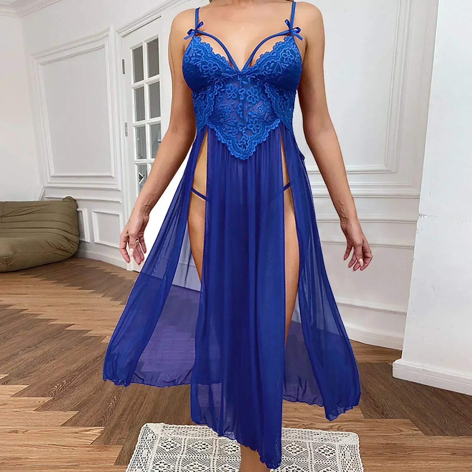 Blue Plus Size Mesh Deep V Lace Nightgown Side Slit Maxi Lingerie Set Lingerie Dress Set