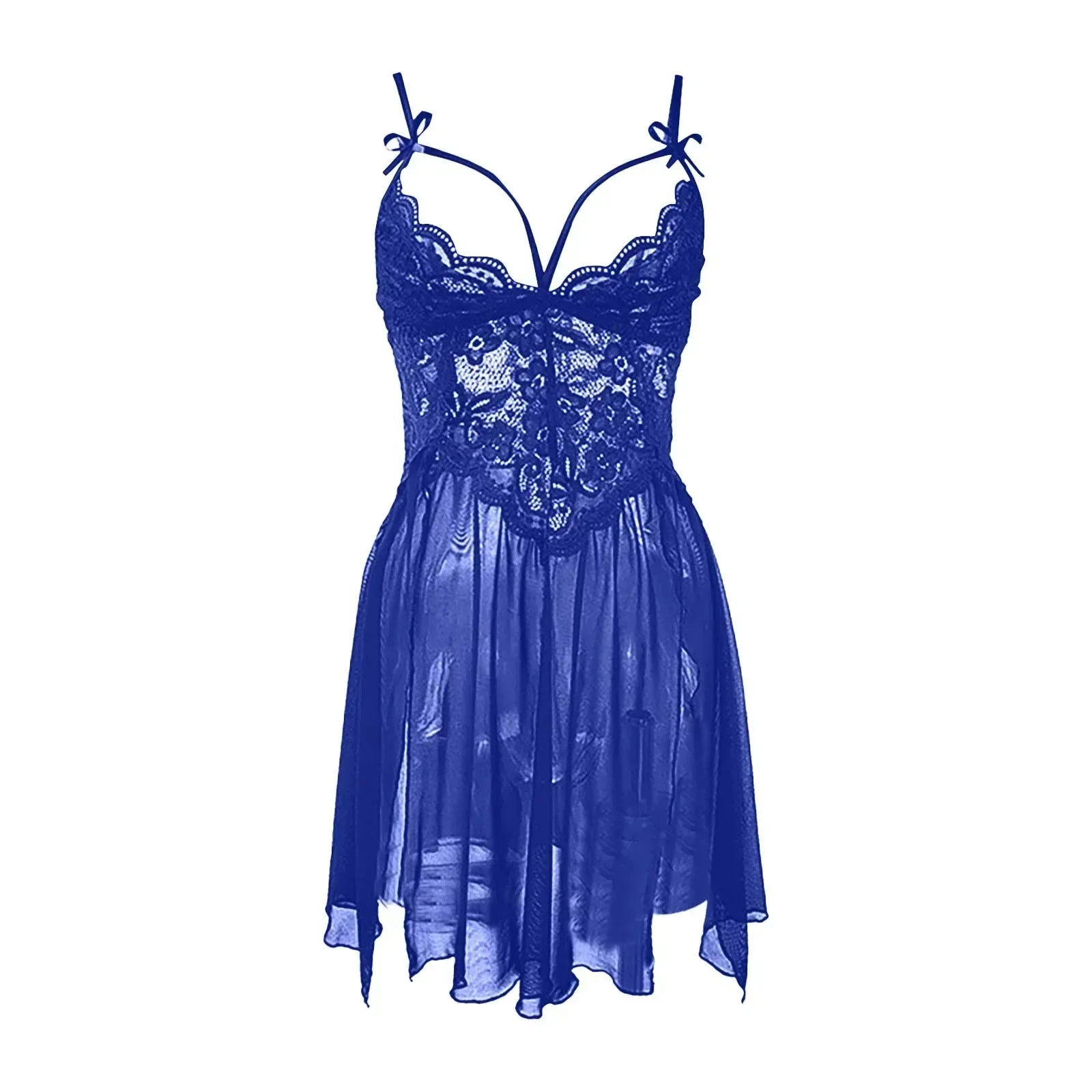 Blue Plus Size Mesh Deep V Lace Nightgown Side Slit Maxi Lingerie Set Lingerie Dress Set