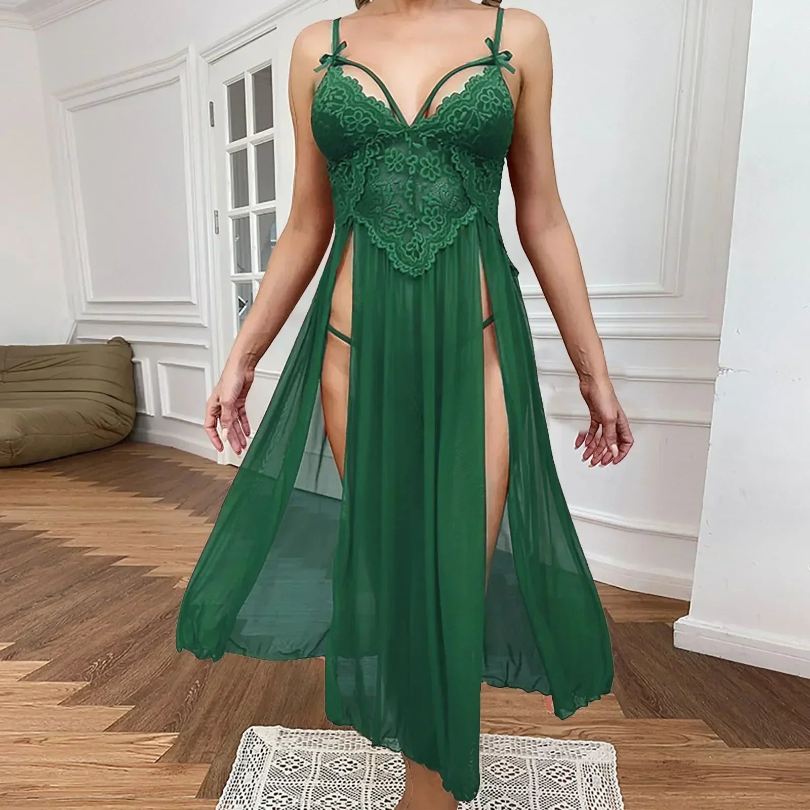 Blue Plus Size Mesh Deep V Lace Nightgown Side Slit Maxi Lingerie Set Lingerie Dress Set