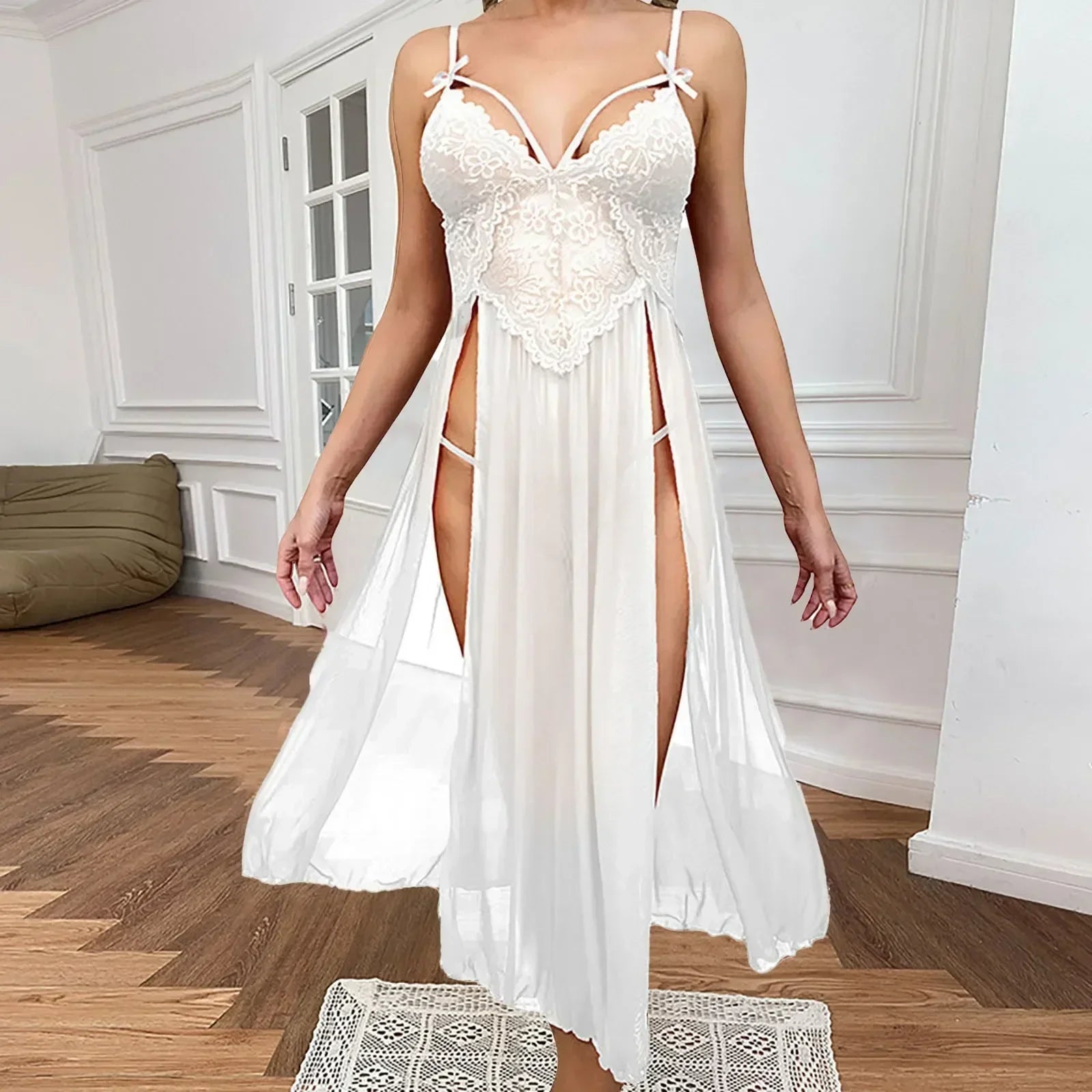 Blue Plus Size Mesh Deep V Lace Nightgown Side Slit Maxi Lingerie Set Lingerie Dress Set
