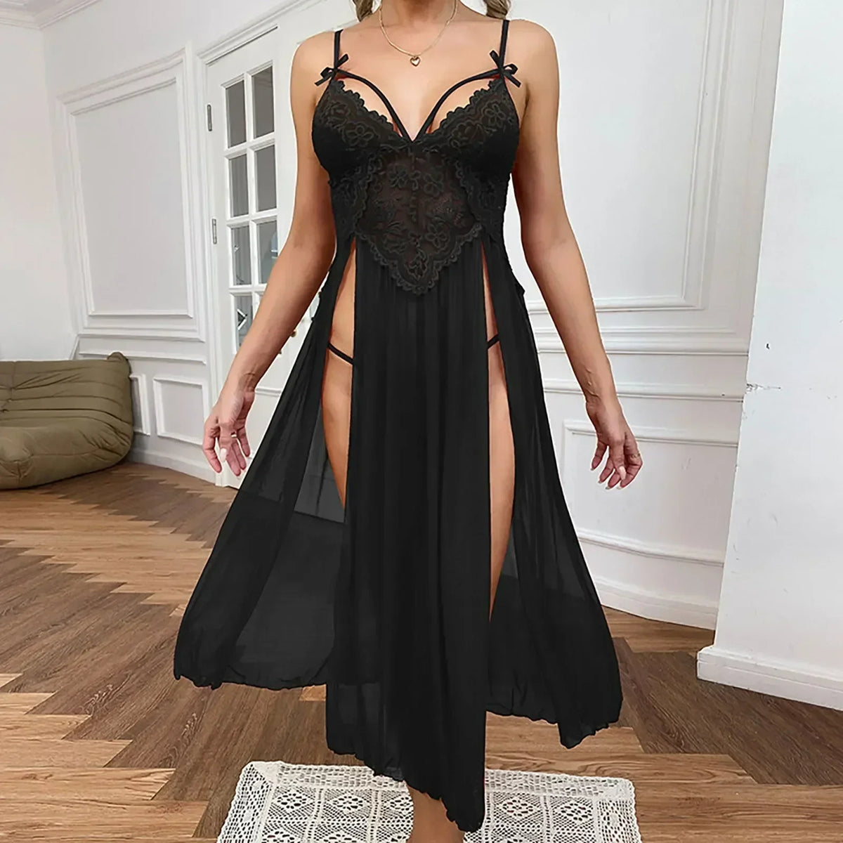 Blue Plus Size Mesh Deep V Lace Nightgown Side Slit Maxi Lingerie Set Lingerie Dress Set