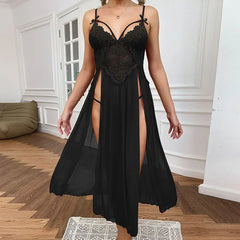 Blue Plus Size Mesh Deep V Lace Nightgown Side Slit Maxi Lingerie Set Lingerie Dress Set