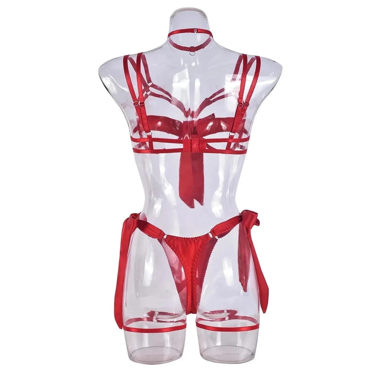 Bondage Lingerie Set Cupless Bra 4-Piece Sheer Mesh BDSM Outfit with Lace-Up Design