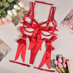 Bondage Lingerie Set Cupless Bra 4-Piece Sheer Mesh BDSM Outfit with Lace-Up Design