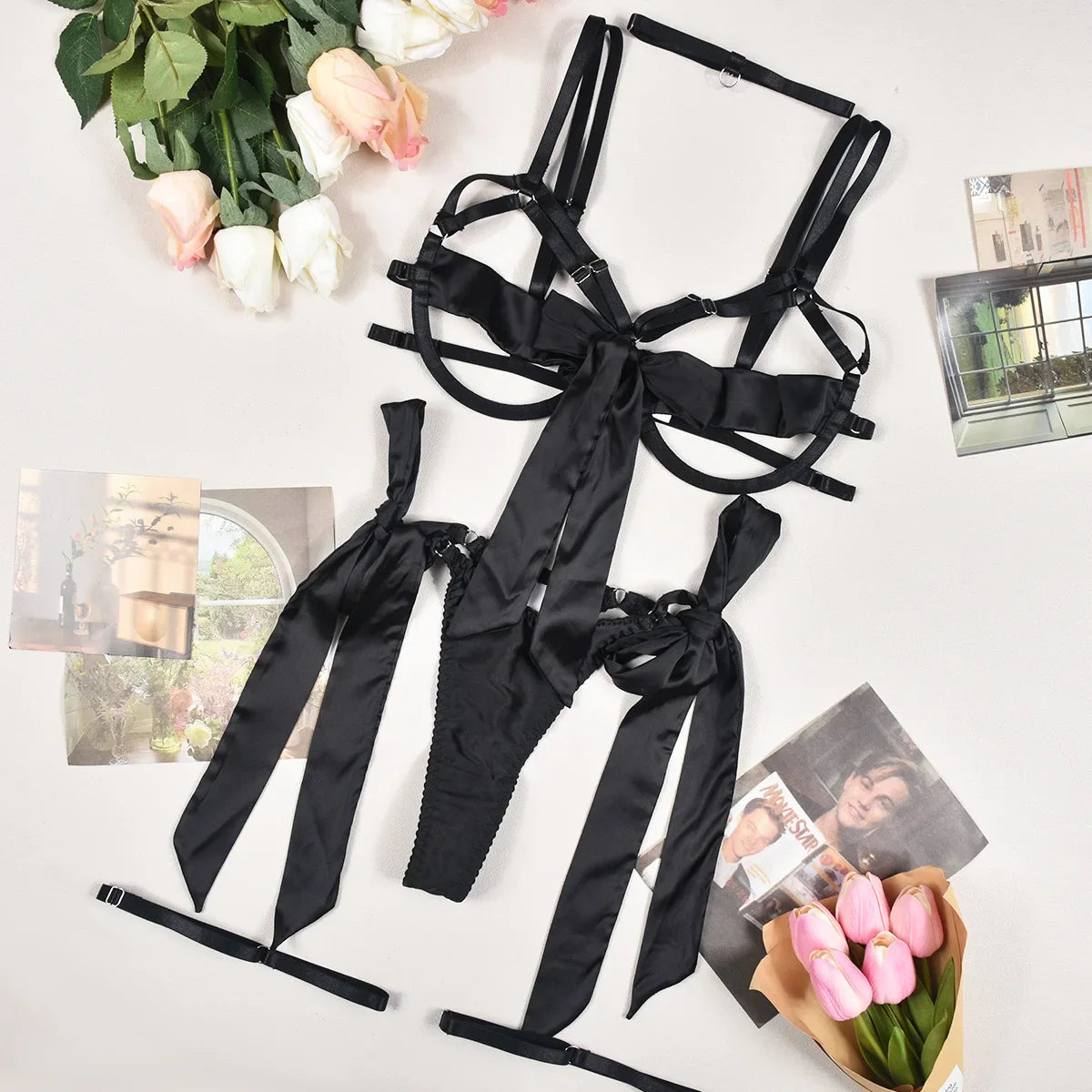 Bondage Lingerie Set Cupless Bra 4-Piece Sheer Mesh BDSM Outfit with Lace-Up Design