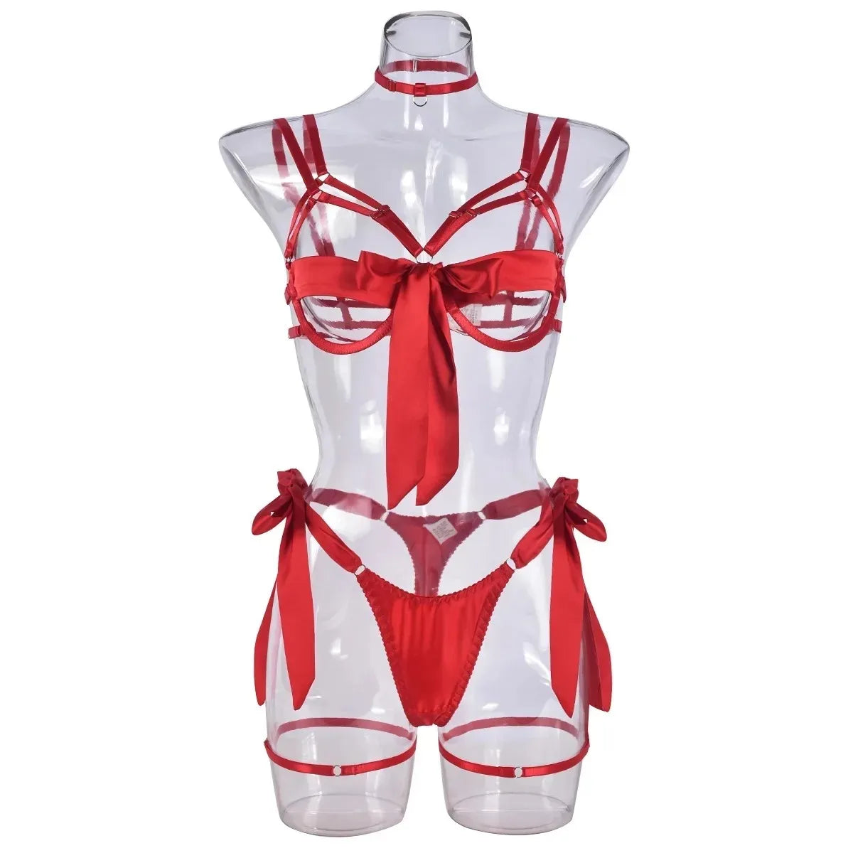 Bondage Lingerie Set Cupless Bra 4-Piece Sheer Mesh BDSM Outfit with Lace-Up Design