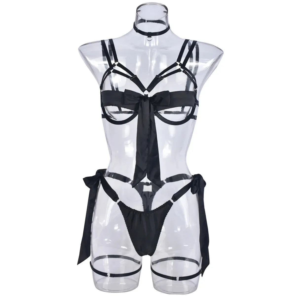 Bondage Lingerie Set Cupless Bra 4-Piece Sheer Mesh BDSM Outfit with Lace-Up Design