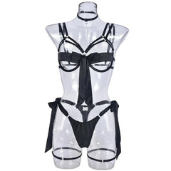 Bondage Lingerie Set Cupless Bra 4-Piece Sheer Mesh BDSM Outfit with Lace-Up Design