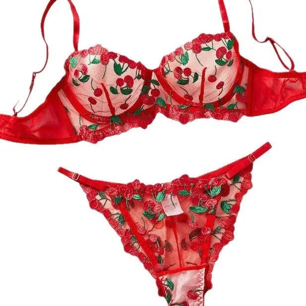 Cherry Embroidery See Through Bra Panty Lingerie Pure Red Fruit Pattern Gorgeous Charming Stunning Lingerie Set