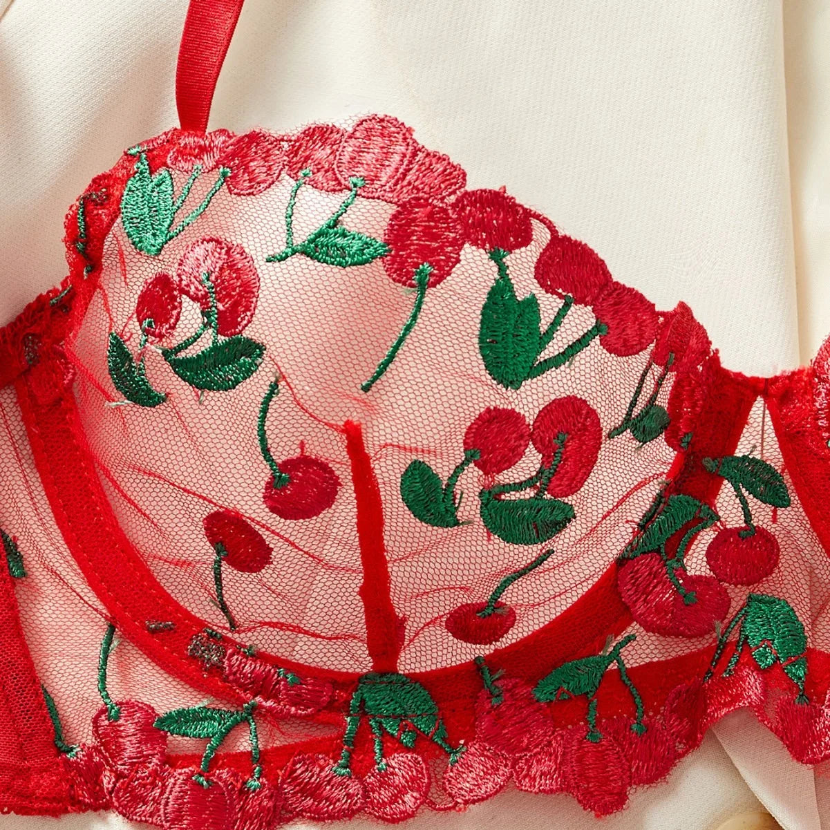 Cherry Embroidery See Through Bra Panty Lingerie Pure Red Fruit Pattern Gorgeous Charming Stunning Lingerie Set