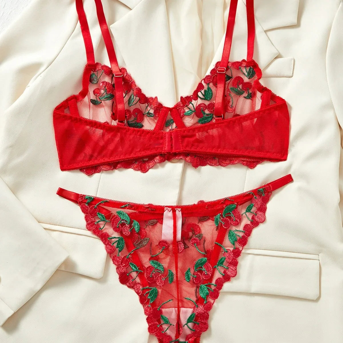 Cherry Embroidery See Through Bra Panty Lingerie Pure Red Fruit Pattern Gorgeous Charming Stunning Lingerie Set