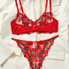 Cherry Embroidery See Through Bra Panty Lingerie Pure Red Fruit Pattern Gorgeous Charming Stunning Lingerie Set