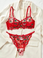 Cherry Embroidery See Through Bra Panty Lingerie Pure Red Fruit Pattern Gorgeous Charming Stunning Lingerie Set
