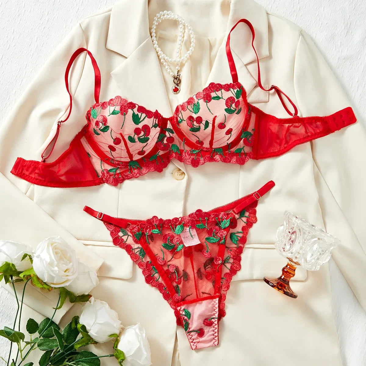 Cherry Embroidery See Through Bra Panty Lingerie Pure Red Fruit Pattern Gorgeous Charming Stunning Lingerie Set
