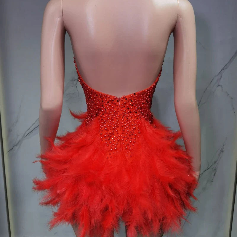 Christmas White Feather Diamond Dress Off Shoulder Bustier Gown