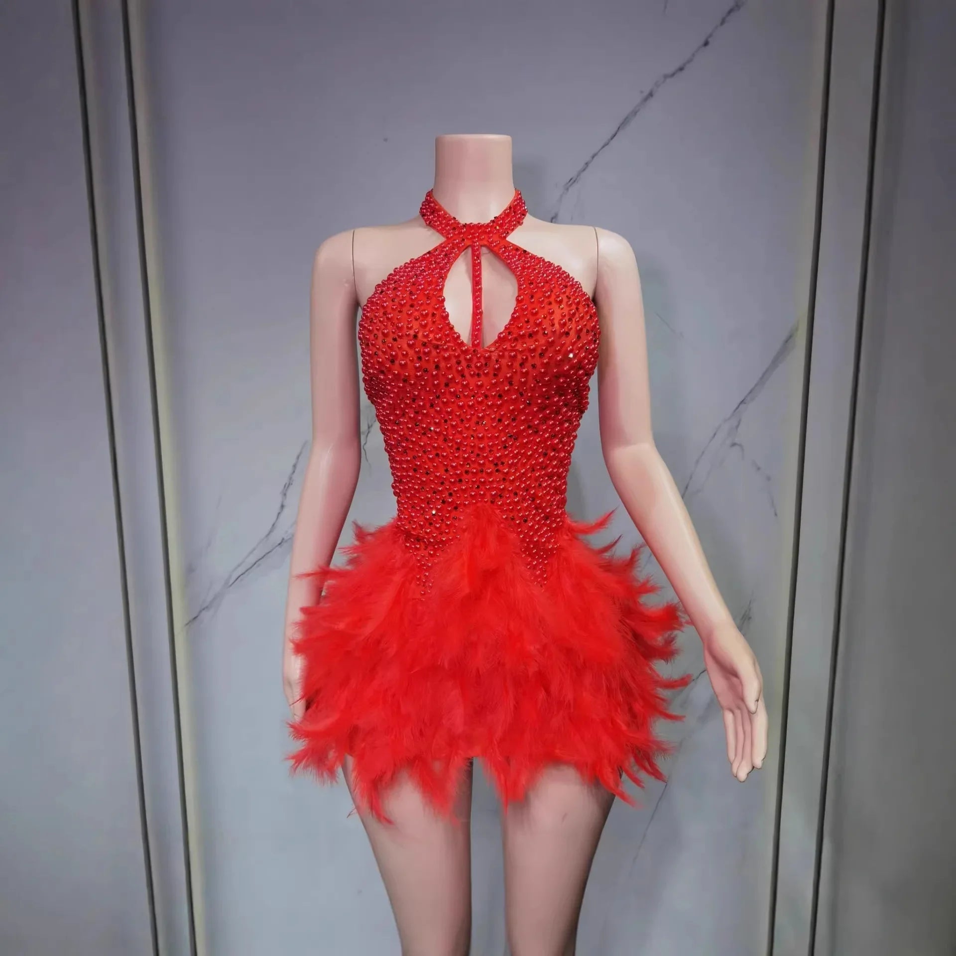 Christmas White Feather Diamond Dress Off Shoulder Bustier Gown