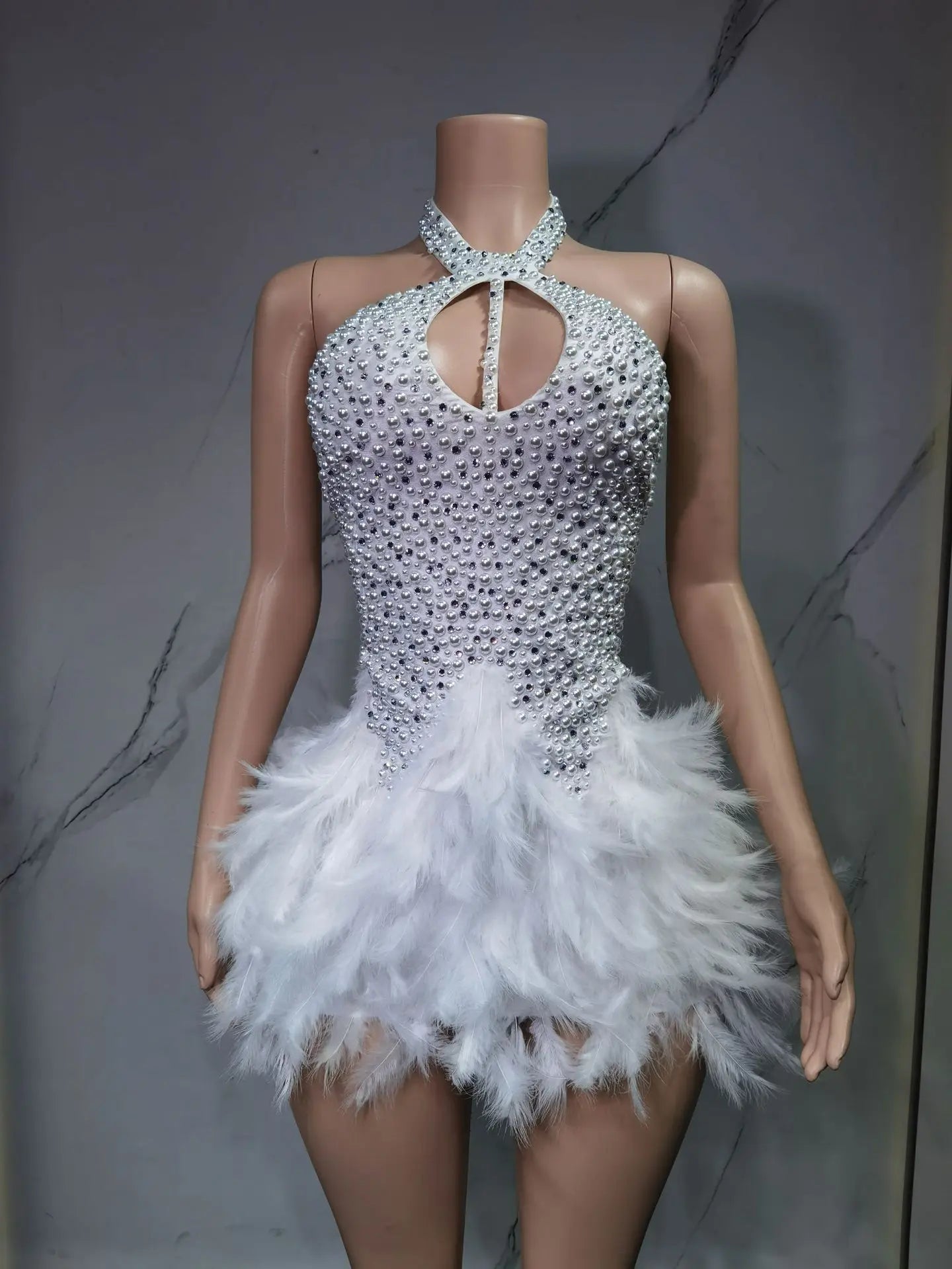 Christmas White Feather Diamond Dress Off Shoulder Bustier Gown