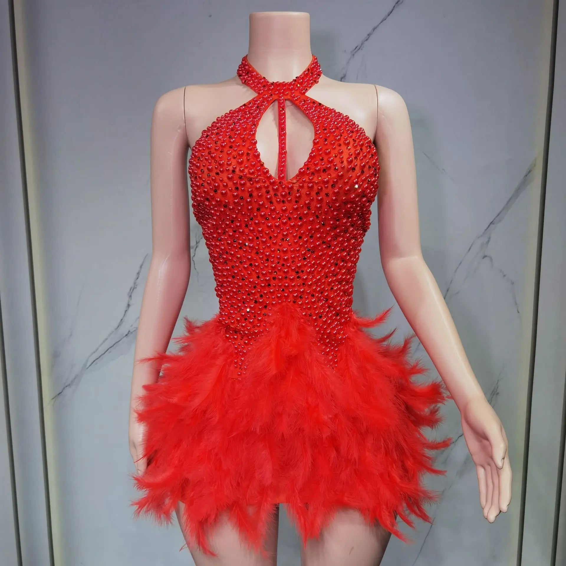Christmas White Feather Diamond Dress Off Shoulder Bustier Gown