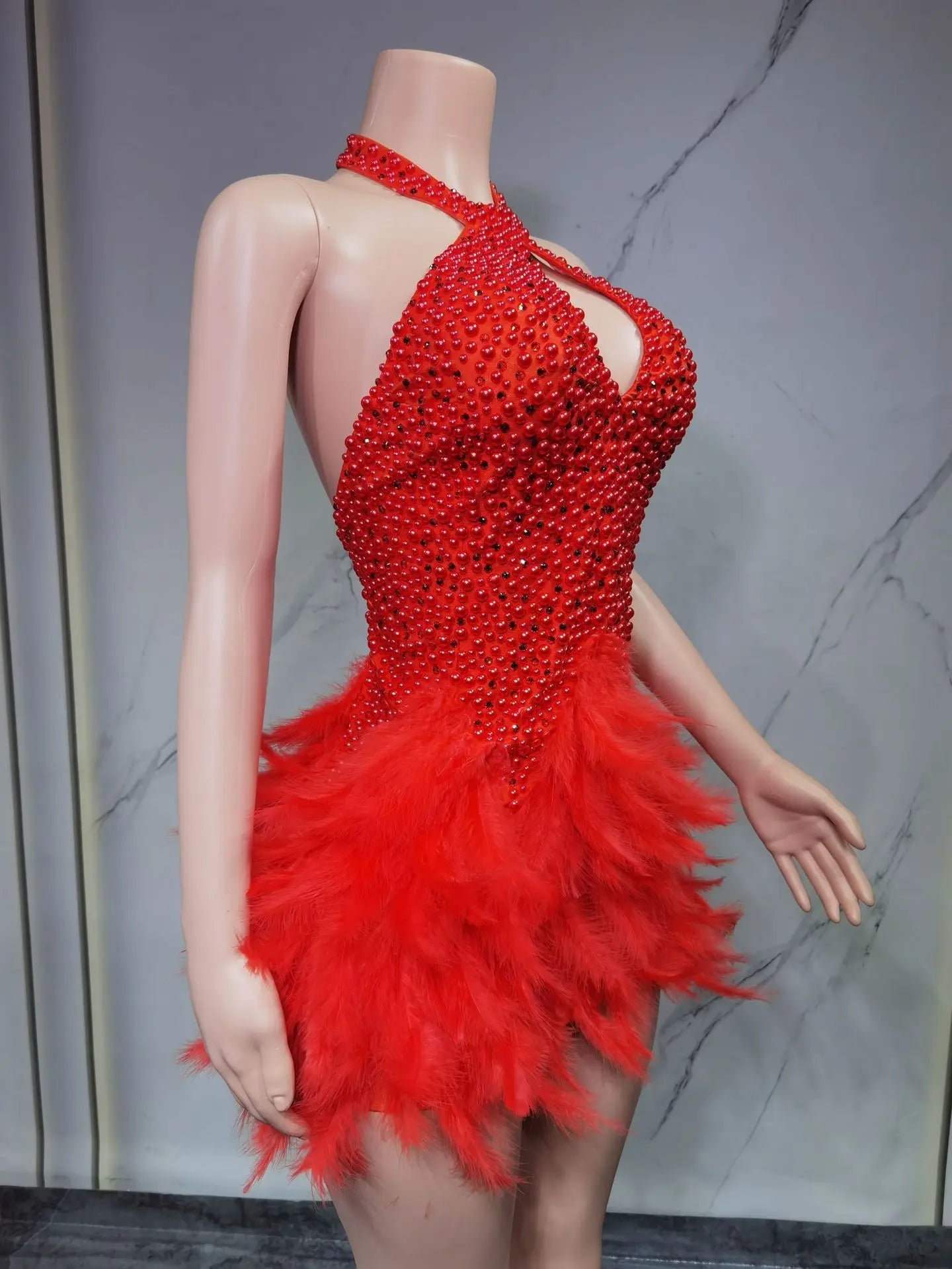 Christmas White Feather Diamond Dress Off Shoulder Bustier Gown