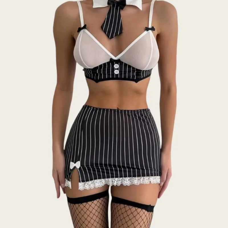 Cosplay Lingerie Sets Bra Skirt Panty Bowknot Collar Stockings Patchwork Stripe Teacher Role Play Underwear