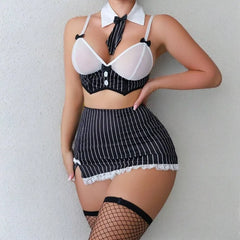 Cosplay Lingerie Sets Bra Skirt Panty Bowknot Collar Stockings Patchwork Stripe Teacher Role Play Underwear