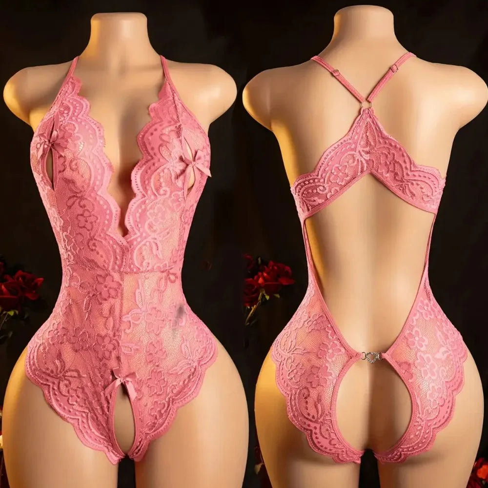 Crotchless Pink Lingerie Hollows Erotic Costumes Teddy Babydoll Dress Deep V Open Bra Porn Underwear