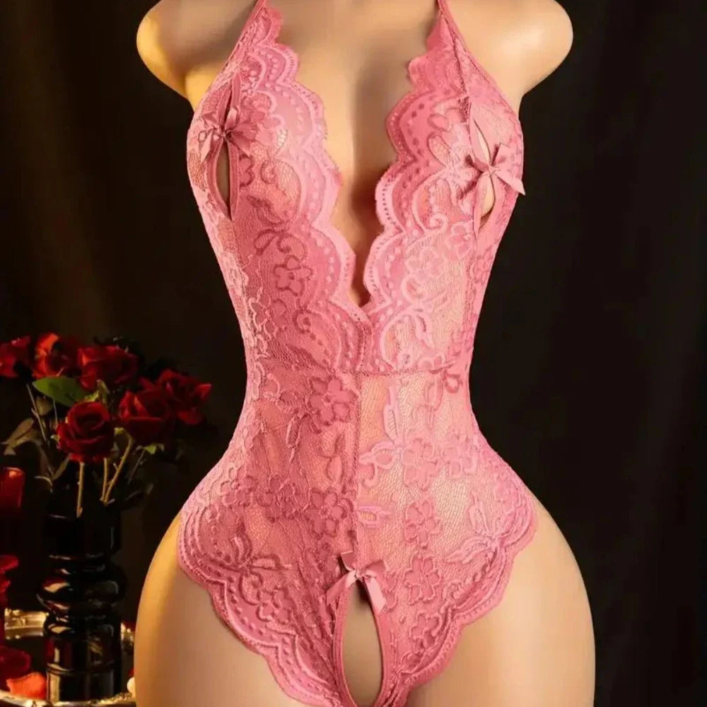 Crotchless Pink Lingerie Hollows Erotic Costumes Teddy Babydoll Dress Deep V Open Bra Porn Underwear